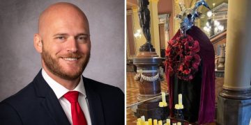 Michael Cassidy vandalized a display put up in the Iowa state Capitol by the Satanic Temple on Thursday.