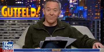 Fox News host Greg Gutfeld is pictured on his program Friday night.