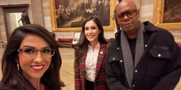 Rep. Lauren Boebert of Colorado is seen with comedian Dave Chappelle and Florida Rep. Anna Paulina Luna.