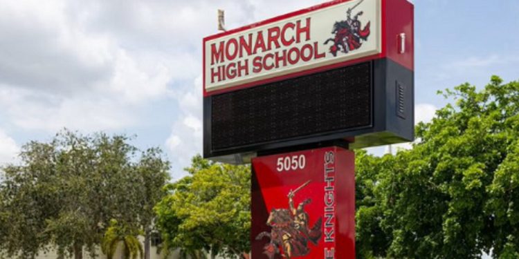 A sign outside Monarch High School in Coconut Beach, Florida.