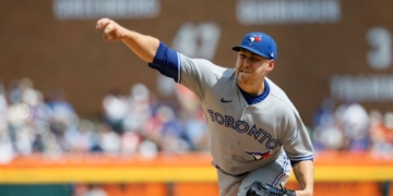 DETROIT, MI - JULY 9: Erik Swanson #50 of the Toronto Blue Jays pitches against the Detroit Tigers during the fifth inning at Comerica Park on July 9, 2023 in Detroit, Michigan. (Photo by Duane Burleson/Getty Images)