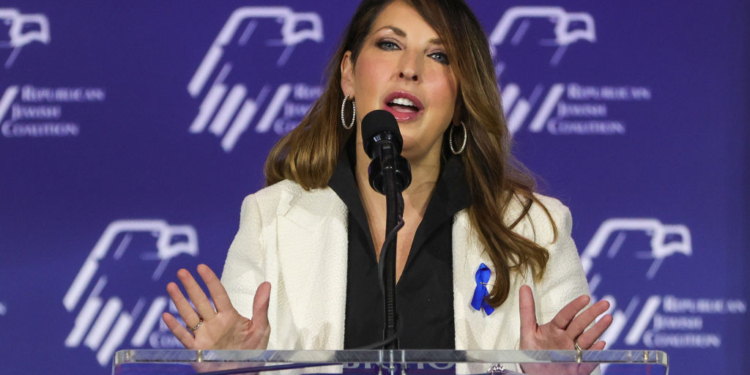 LAS VEGAS, NEVADA - OCTOBER 28: Republican National Committee Chairwoman Ronna McDaniel speaks during the Republican Jewish Coalition's Annual Leadership Summit at The Venetian Resort Las Vegas on October 28, 2023 in Las Vegas, Nevada. The summit features the top GOP presidential candidates who will face their first test on the road to the Republican nomination with the Iowa Caucuses on January 15, 2024. (Photo by Ethan Miller/Getty Images)