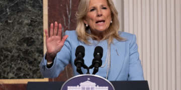 US First Lady Jill Biden speaks about gun violence prevention with K-12 principals in the Eisenhower Executive Office Building in Washington, DC, on January 25, 2024. (Photo by Jim WATSON / AFP) (Photo by JIM WATSON/AFP via Getty Images)