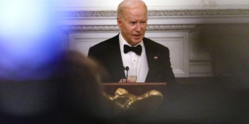 WASHINGTON, DC - FEBRUARY 24: U.S. President Joe Biden delivers remarks during a black-tie dinner at the White House on February 24, 2024 in Washington, DC. President Biden and Dr. Jill Biden hosted the event for governors and their spouses. (Photo by Anna Rose Layden/Getty Images)