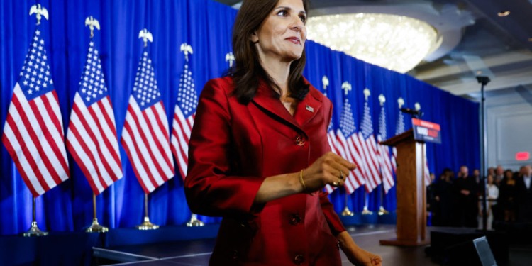 US Republican Presidential hopeful and former UN Ambassador Nikki Haley walks off the stage after speaking at her election night watch party in Charleston, South Carolina, on February 24, 2024. Former South Carolina governor Nikki Haley vowed to fight on Saturday after an emphatic primary defeat to Donald Trump in her home state, underlining the steep climb she faces to capture the Republican presidential nomination. (Photo by Julia Nikhinson / AFP) (Photo by JULIA NIKHINSON/AFP via Getty Images)