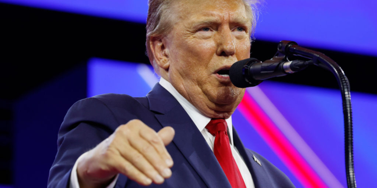 NATIONAL HARBOR, MARYLAND - FEBRUARY 24: Republican presidential candidate and former U.S. President Donald Trump speaks at the Conservative Political Action Conference (CPAC) at the Gaylord National Resort Hotel And Convention Center on February 24, 2024 in National Harbor, Maryland. Attendees descended upon the hotel outside of Washington DC to participate in the four-day annual conference and hear from conservative speakers from around the world who range from journalists, U.S. lawmakers, international leaders and businessmen. (Photo by Anna Moneymaker/Getty Images)