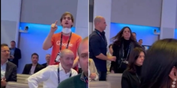 Two protesters interrupted the speech of an Israeli executive at a program this week.