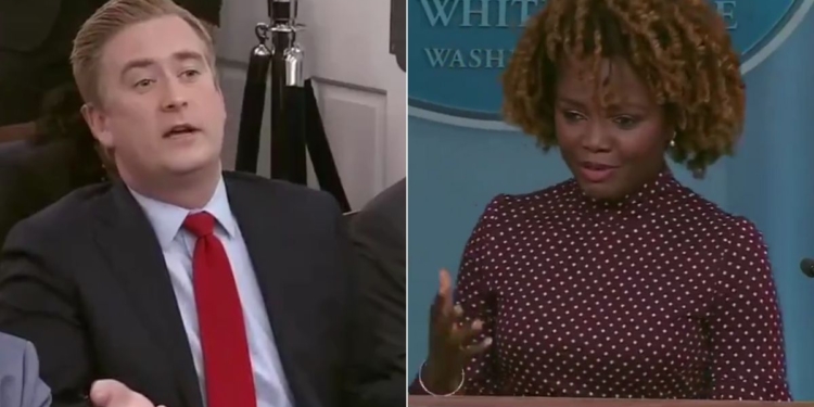 During Wednesday's White House news briefing, Fox News correspondent Peter Doocy, left, asked press secretary Karine Jean-Pierre, right, if President Joe Biden would debate former President Donald Trump.