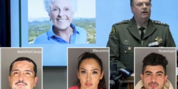 Top left, 96-year-old Violet Evelyn Alberts of Montecito, California, was the victim of a murder-for-hire plot, according to authorities, top right. From bottom left, three suspects in the case are Ricardo MartinDelCampo, 41, Pauline Macareno, 48, and Henry Rostomyan, 33.