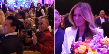 Former first lady Melania Trump, right, makes an appearance at a dinner Friday at the Trump home at the Mar-a-Lago Club in South Florida. The crowd took notice, left.