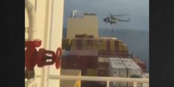 Video from on board the ship shows Iranian commandos roping down from a helicopter.
