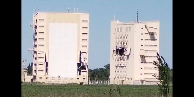 This X screen shot purports to show the damaged Armavir radar station in Russia.