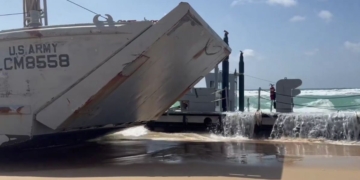 This X screen shot shows the two grounded US Navy ships that were attempting to rescue a detached pier in Ashdod.