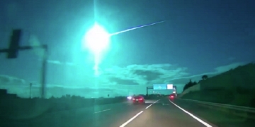 A meteor lights up the sky over the Iberian Peninsula on Saturday.