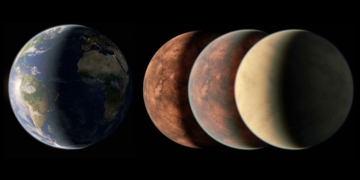 This X screen shot shows a comparison of Earth and Gliese 12 b, which was discovered by NASA's TESS telescope.